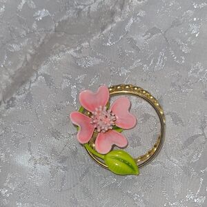 Pink Floral Brooch with Gold Toned Accents